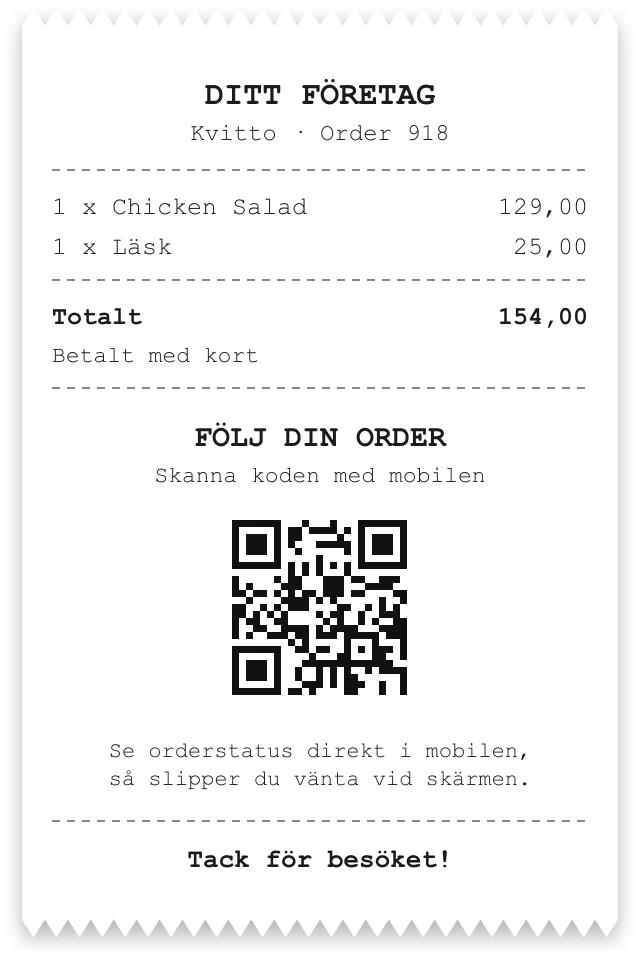 Exempel på kvitto med QR-kod som gästen skannar för att följa sin order
