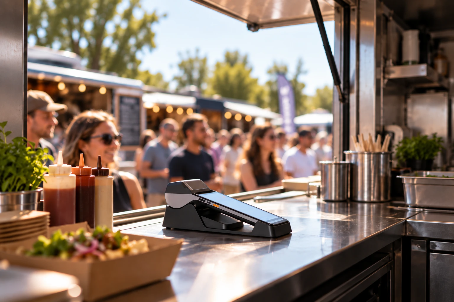 Kortterminal på foodtruckens disk med gäster som köar i bakgrunden